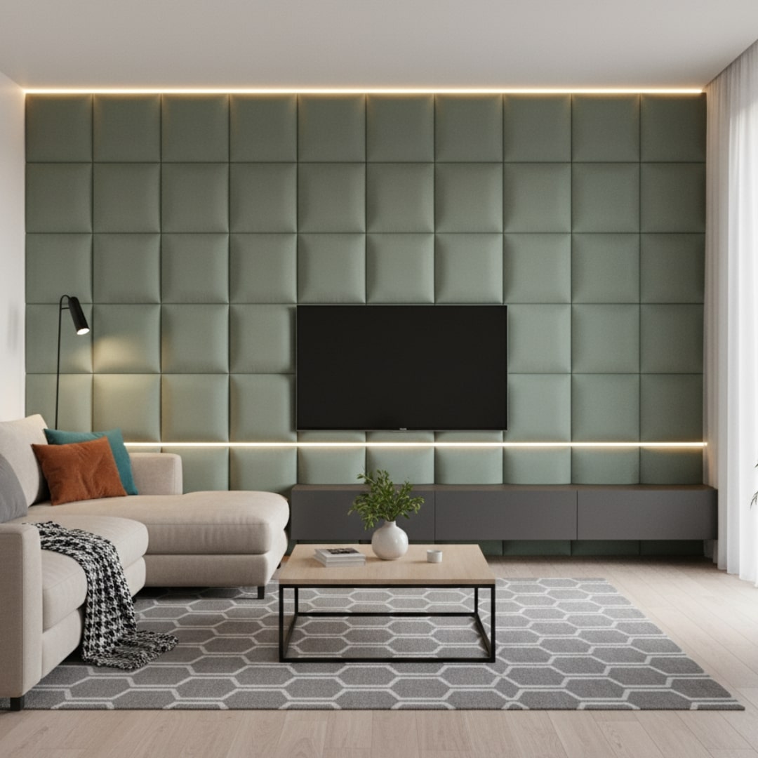 TV-væg med velourpaneler hos Lars Pedersen